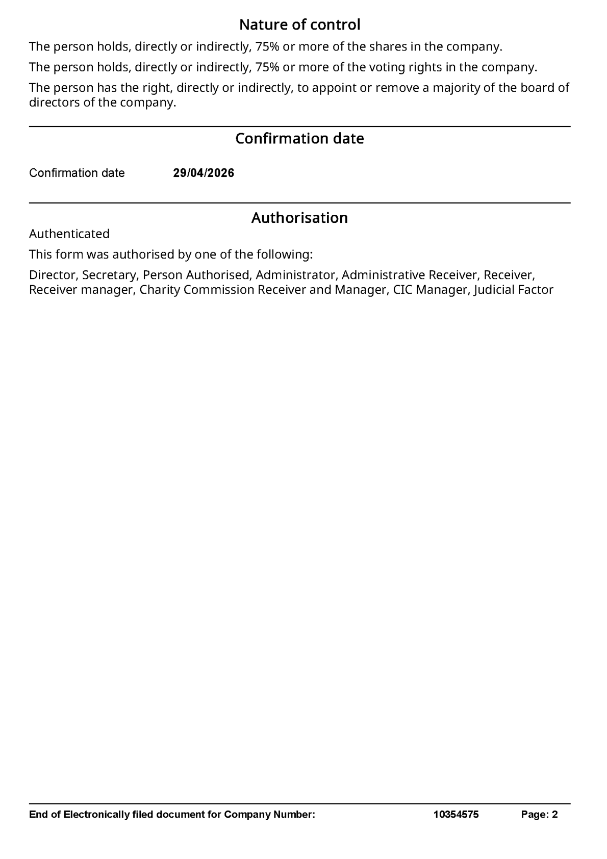 Companies House PSC01 page 2: she holds 75 percent or more of the shares and voting rights and can appoint or remove directors
