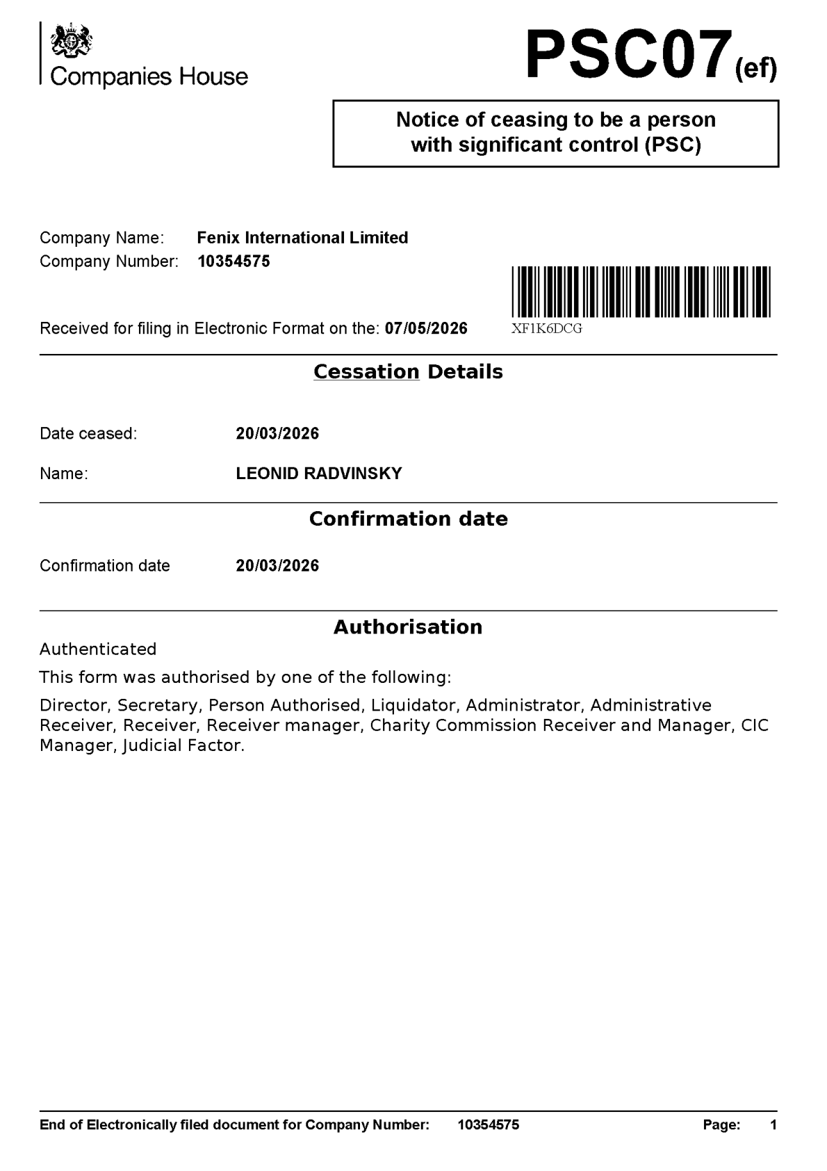 Companies House PSC07: Leonid Radvinsky ceased as a person with significant control of Fenix International on 20 March 2026