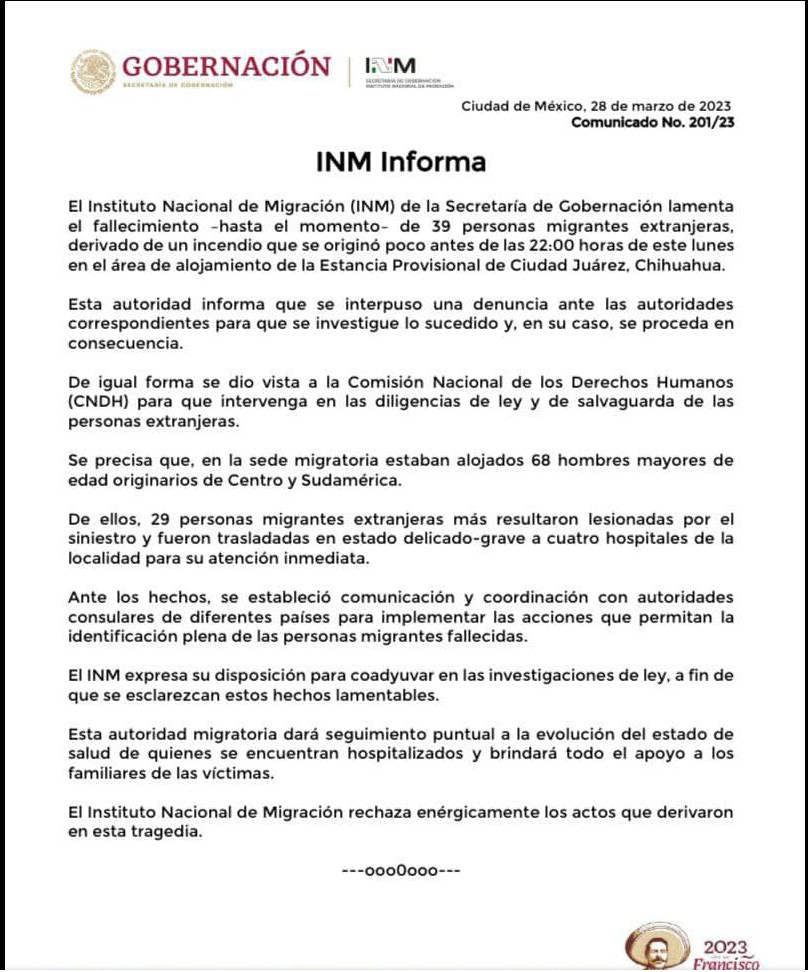 Statement from INM