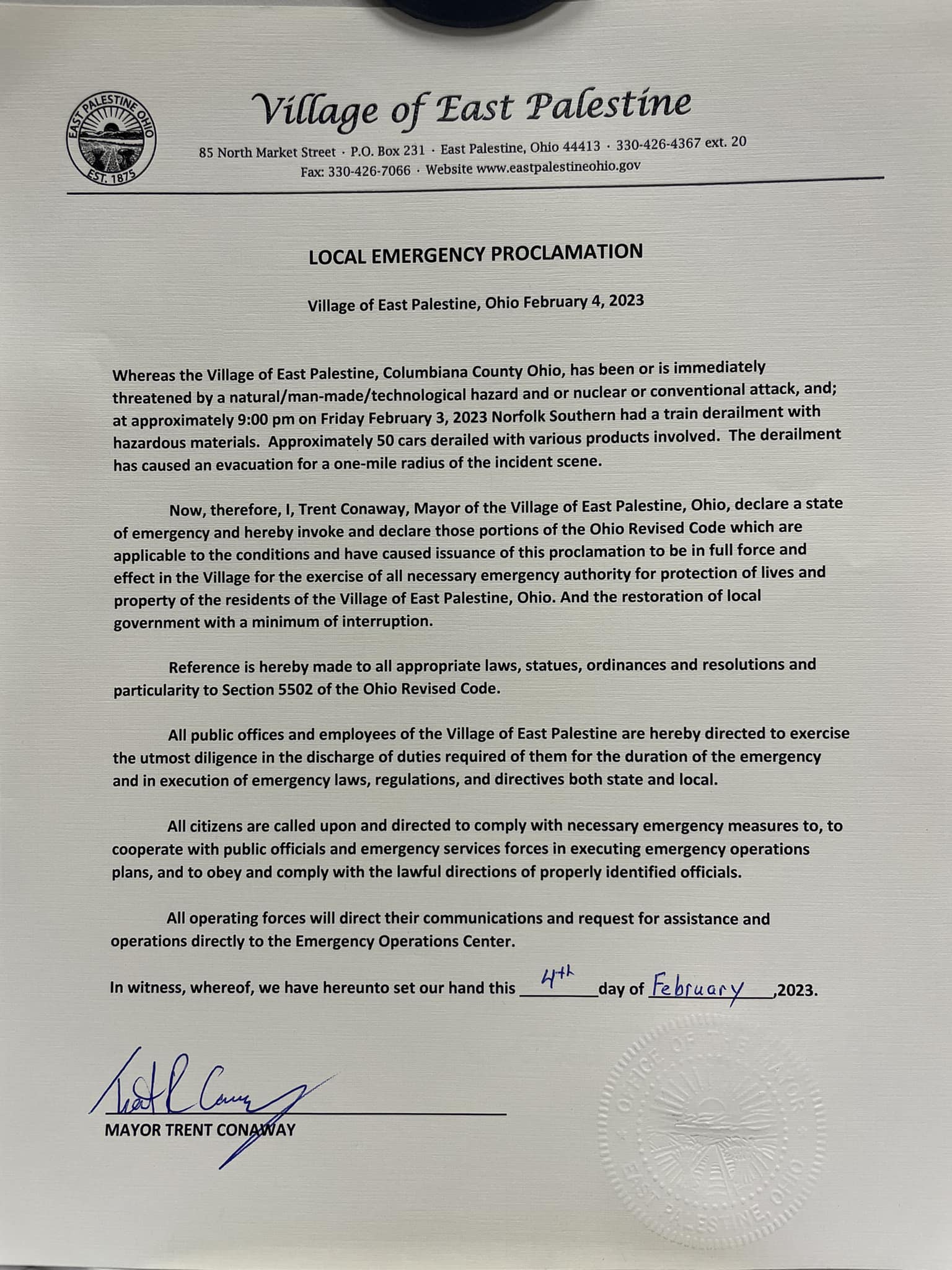 Local Emergency Prcolamation Letter