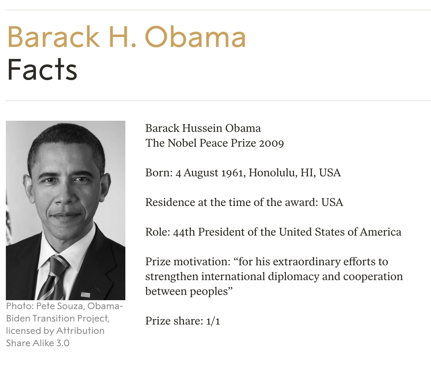 Nobelprize.org Official Entry Regarding Obama as the Recipient