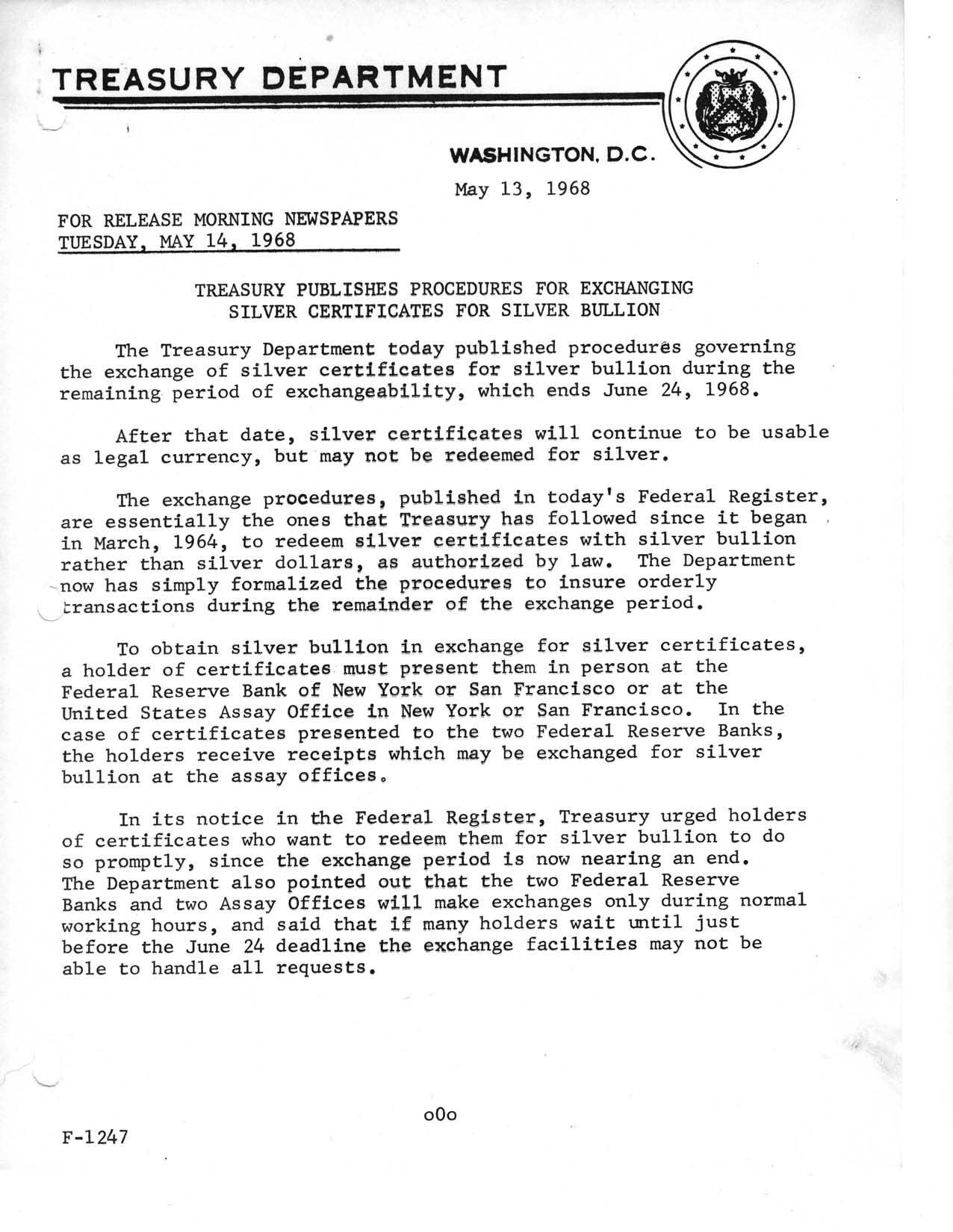 Treasury Press Release About Silver Certificates