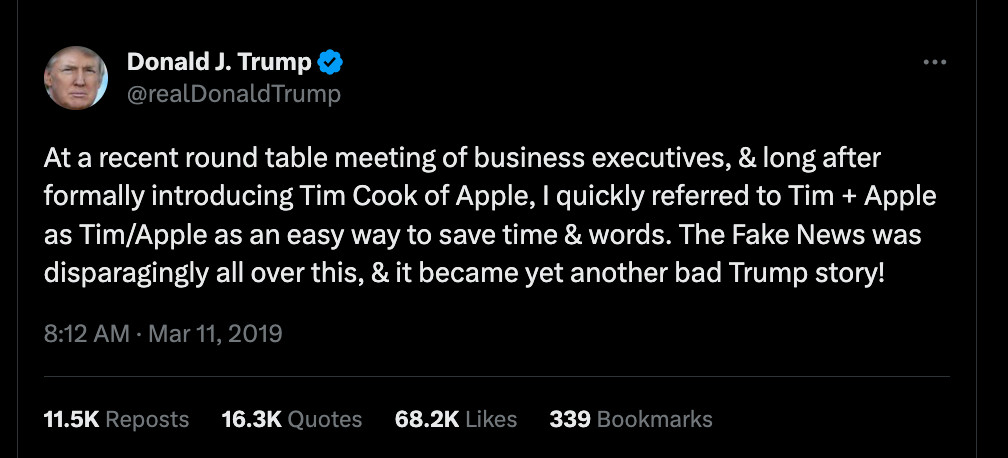 Trump Tweet About Calling Tim Cook Tim Apple