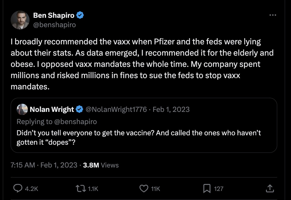 Ben Shapiro Covid Vaccination Followup Tweet