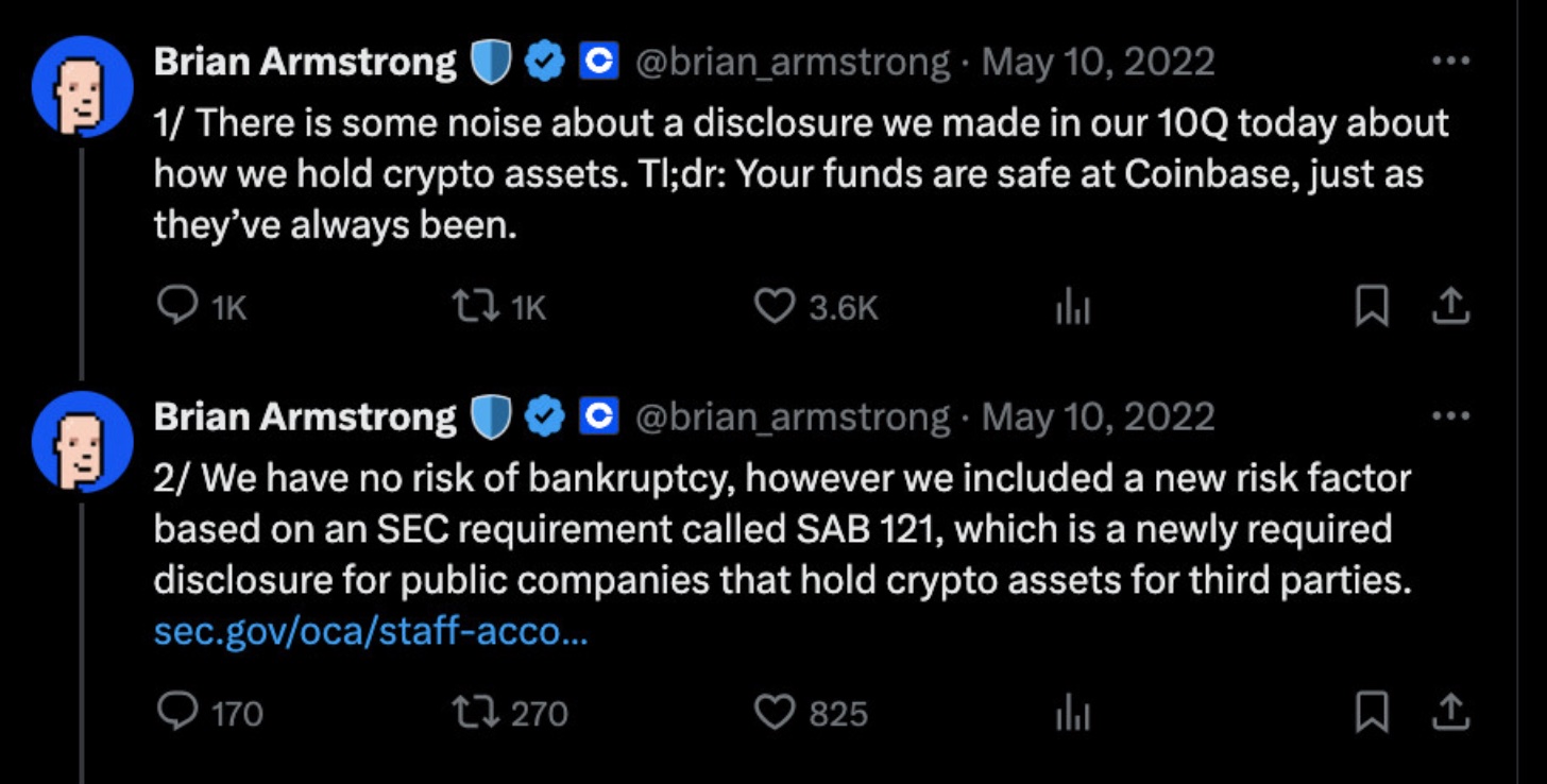 Coinbase No Risk of Bankruptcy Tweet from Coinbase CEO